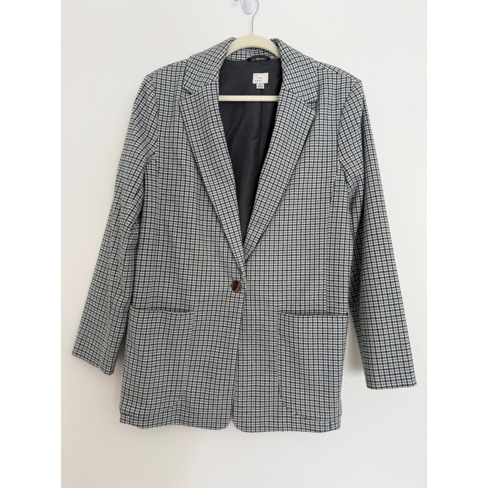 A New Day Oversized Plaid One Button Blazer Size M Pocket Blue Gray Academia